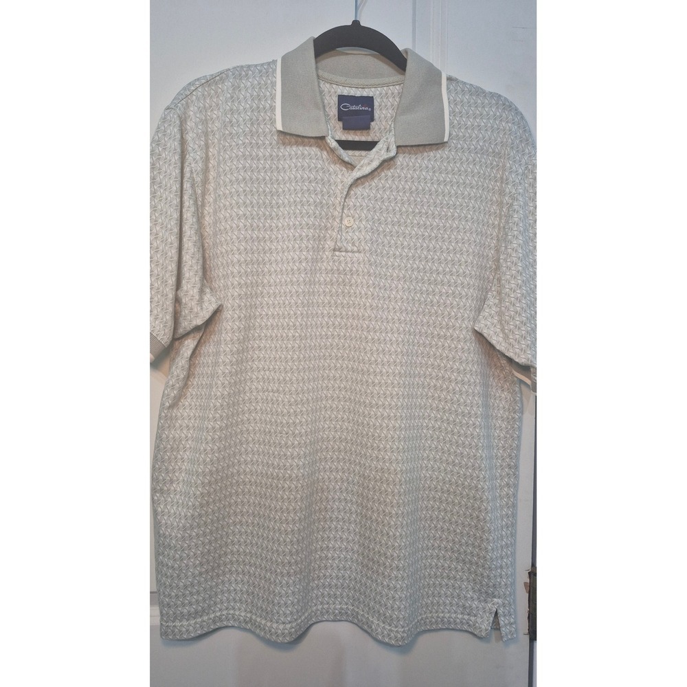 Vintage Catalina Mens Polo Shirt Medium Sage Green White Textured Knit Geometric